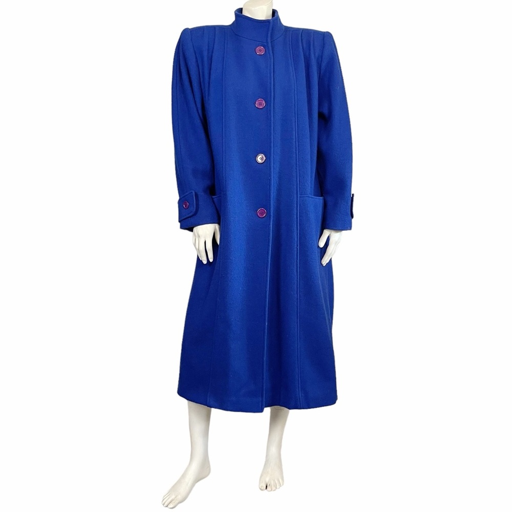 VINTAGE 80s Royal Blue Wool Button Front Overcoat